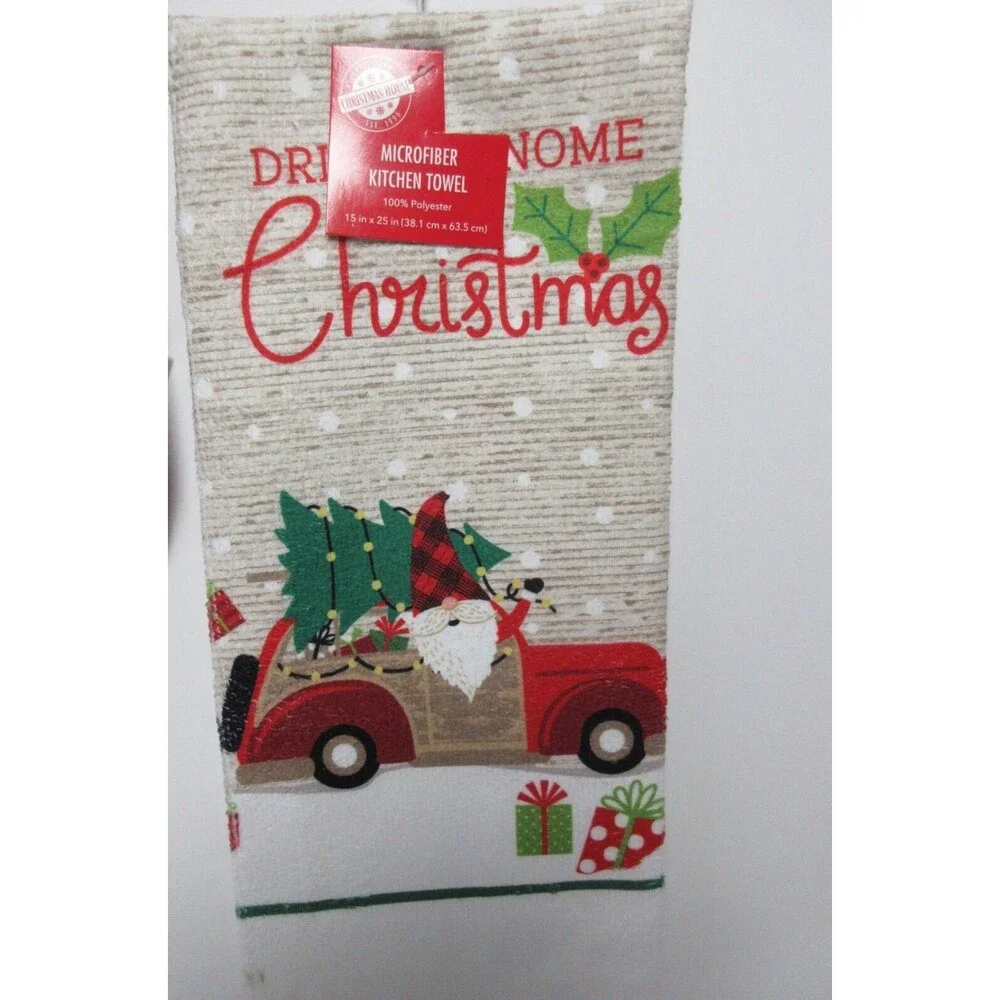 4 Piece Set Driving Gnome for Christmas 1 Dish Towel & 2 Potholder &1 OvenMitt